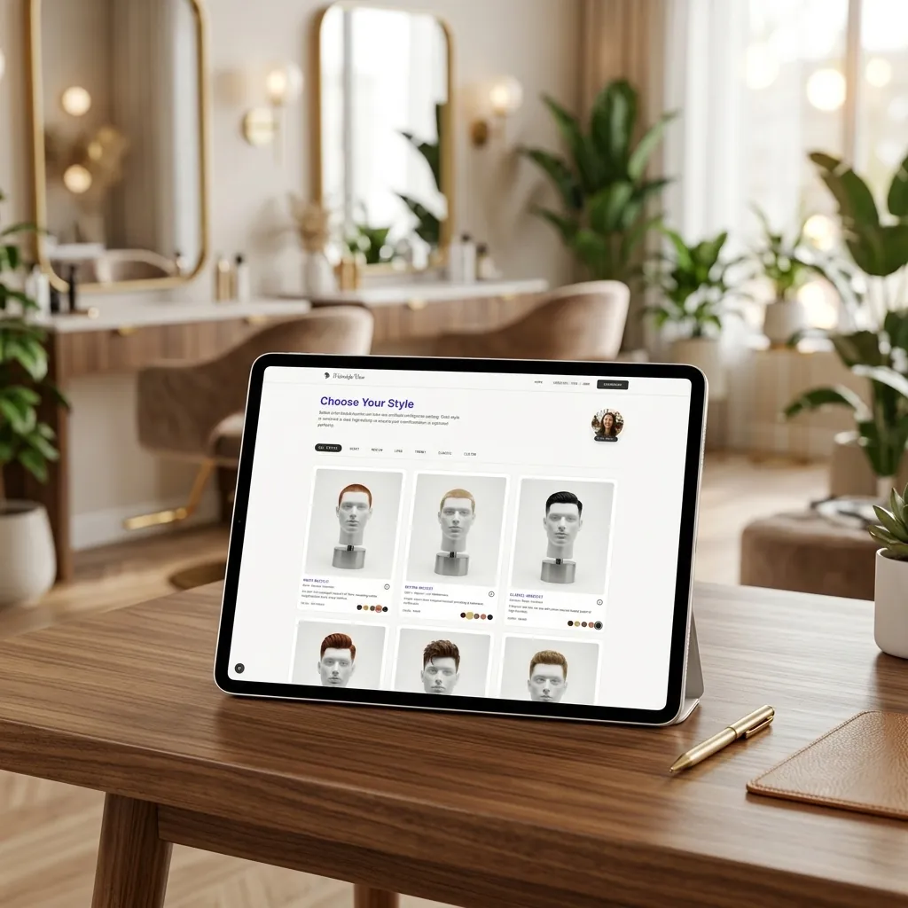 A professional tablet interface showcasing digital hairstyle preview